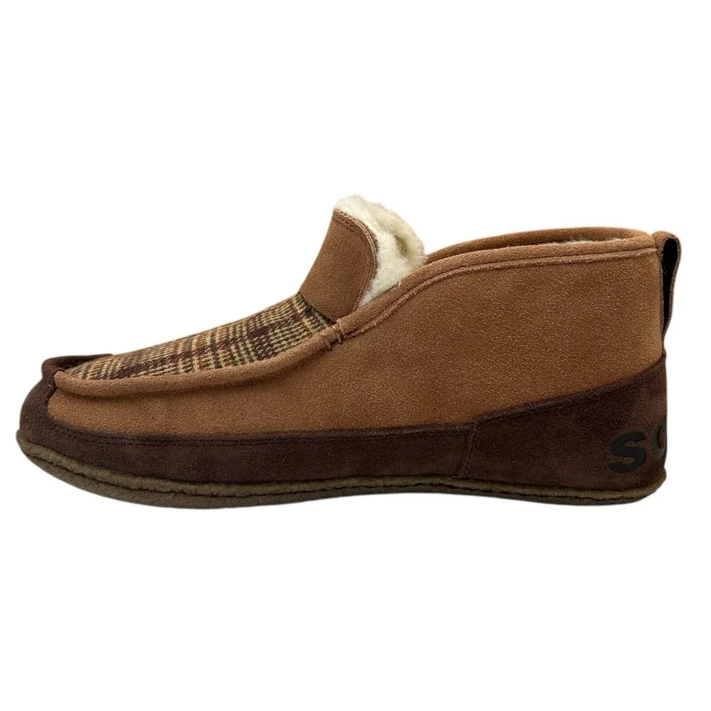 SOREL Mens Manawan Suede Slippers Size 8 Brown Plaid Faux Fur Indoors & Outdoors